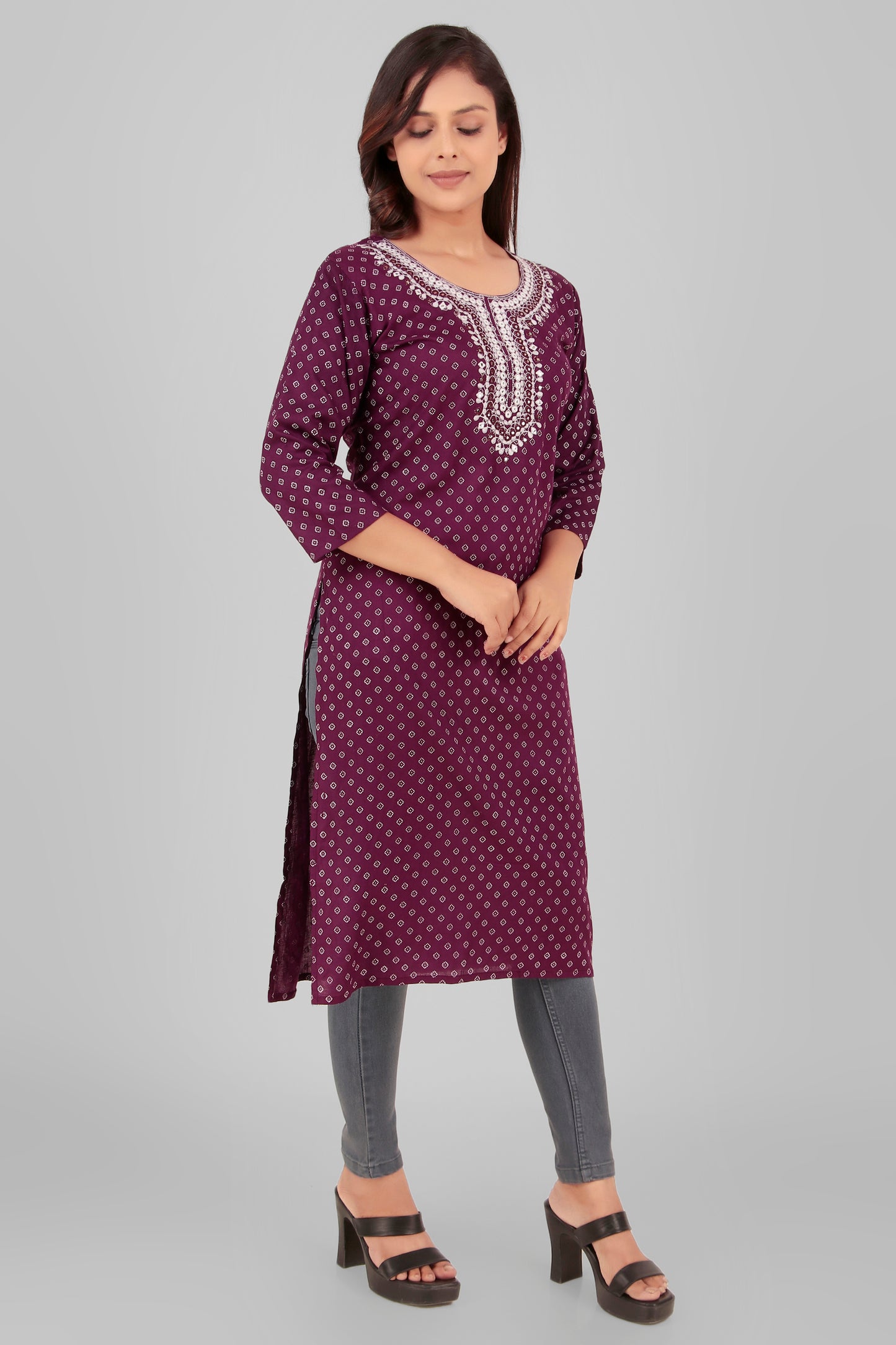 Cotton Kurti with Embroidered Neckline, 3/4 Sleeves - Violet