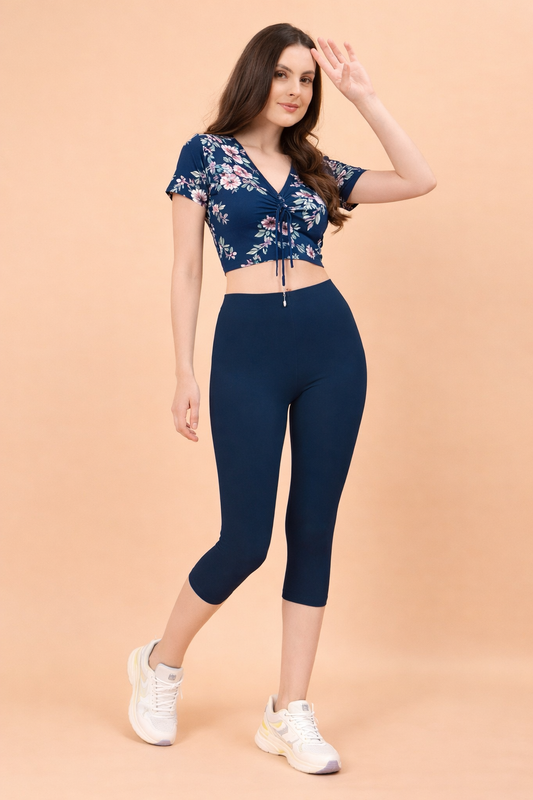 Women Cropped Leggings - Navy Blue