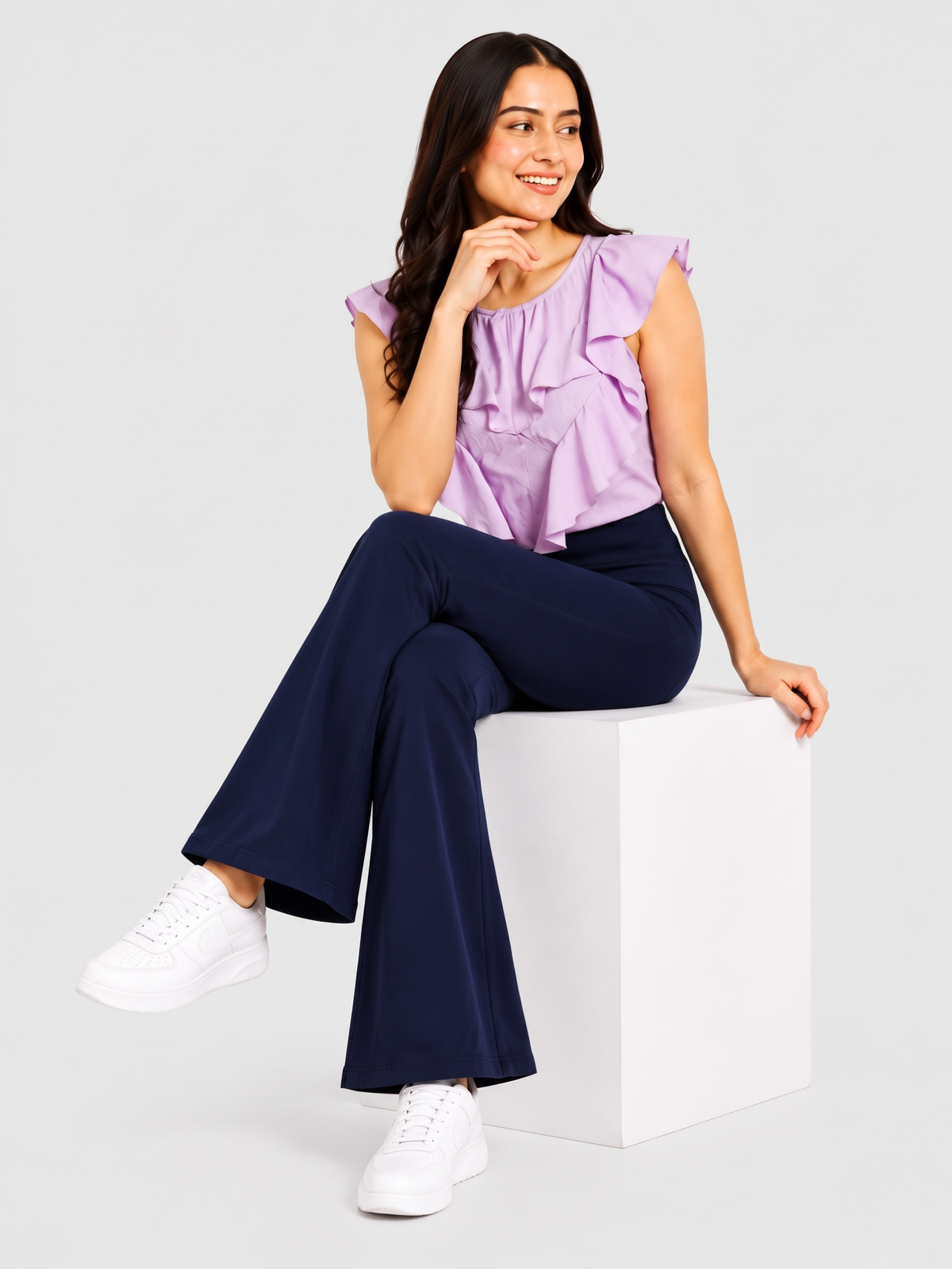 Super Soft Cotton Flared Pants - Navy Blue