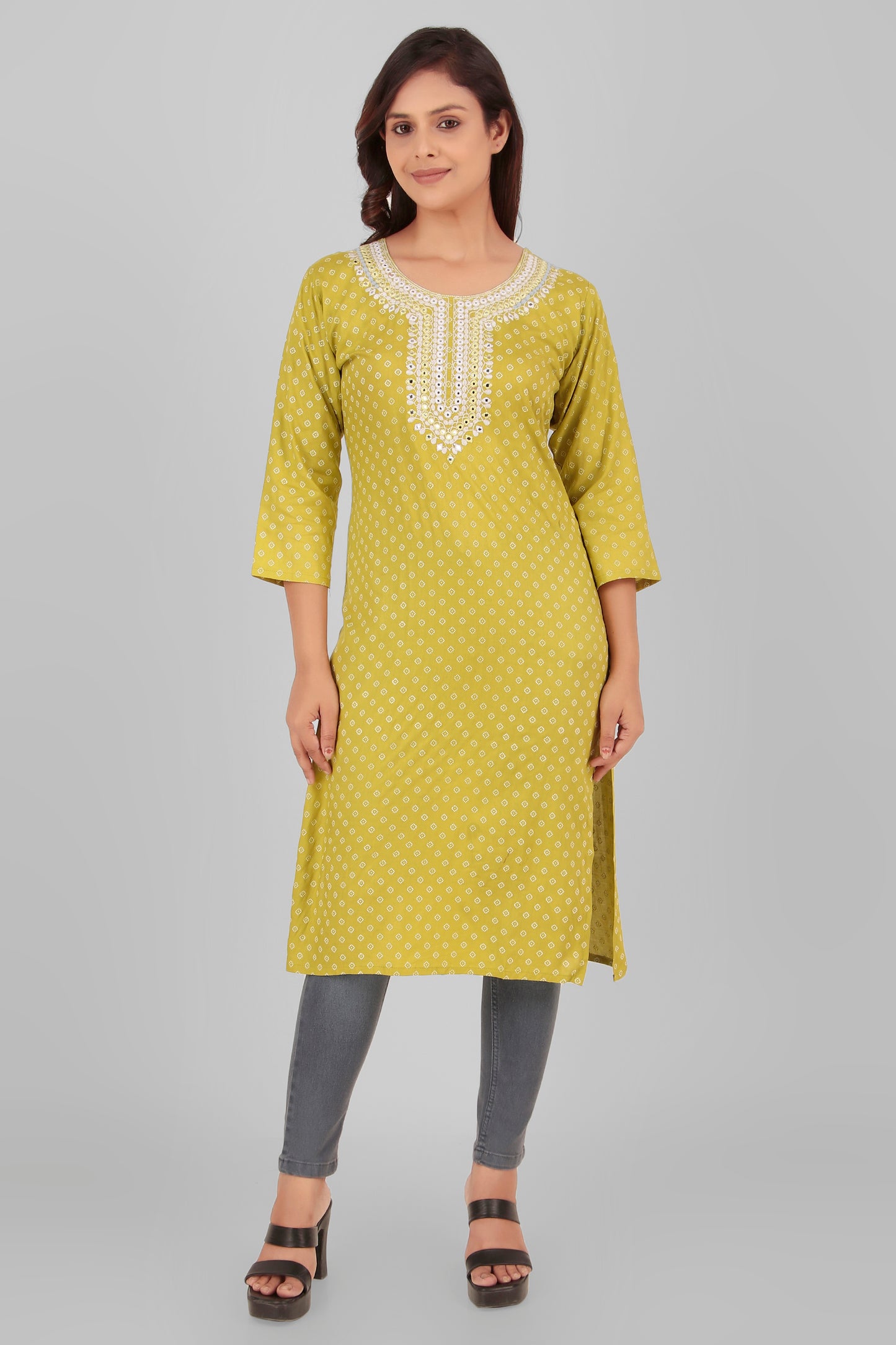 Cotton Kurti with Embroidered Neckline, 3/4 Sleeves