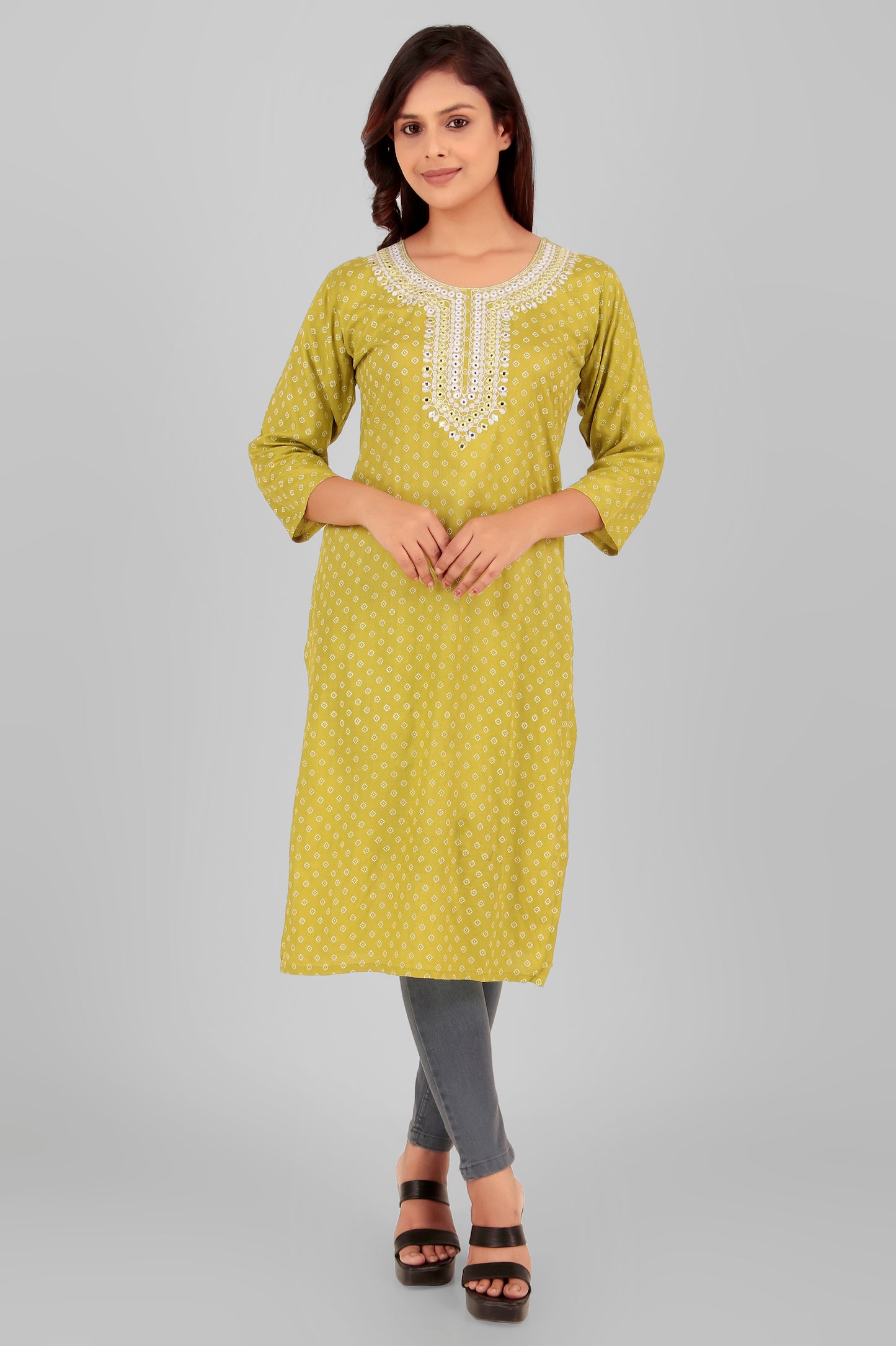 Cotton Kurti with Embroidered Neckline, 3/4 Sleeves