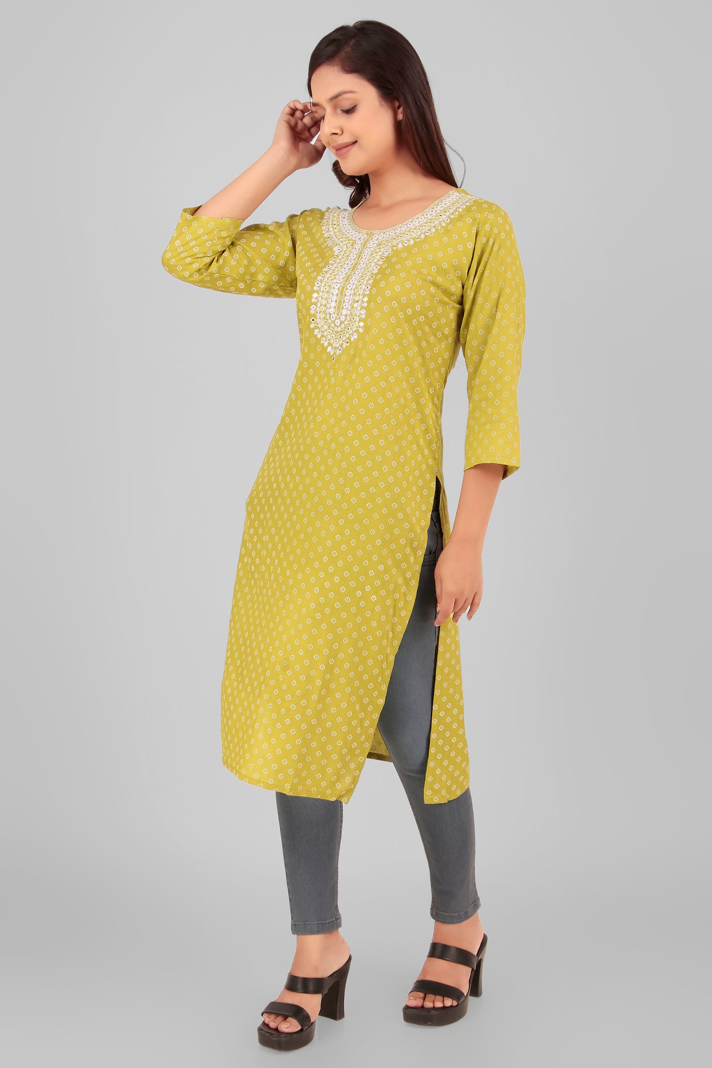 Cotton Kurti with Embroidered Neckline, 3/4 Sleeves