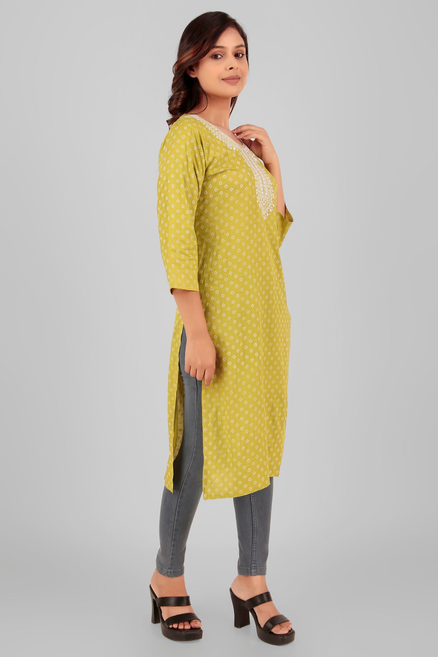 Cotton Kurti with Embroidered Neckline, 3/4 Sleeves