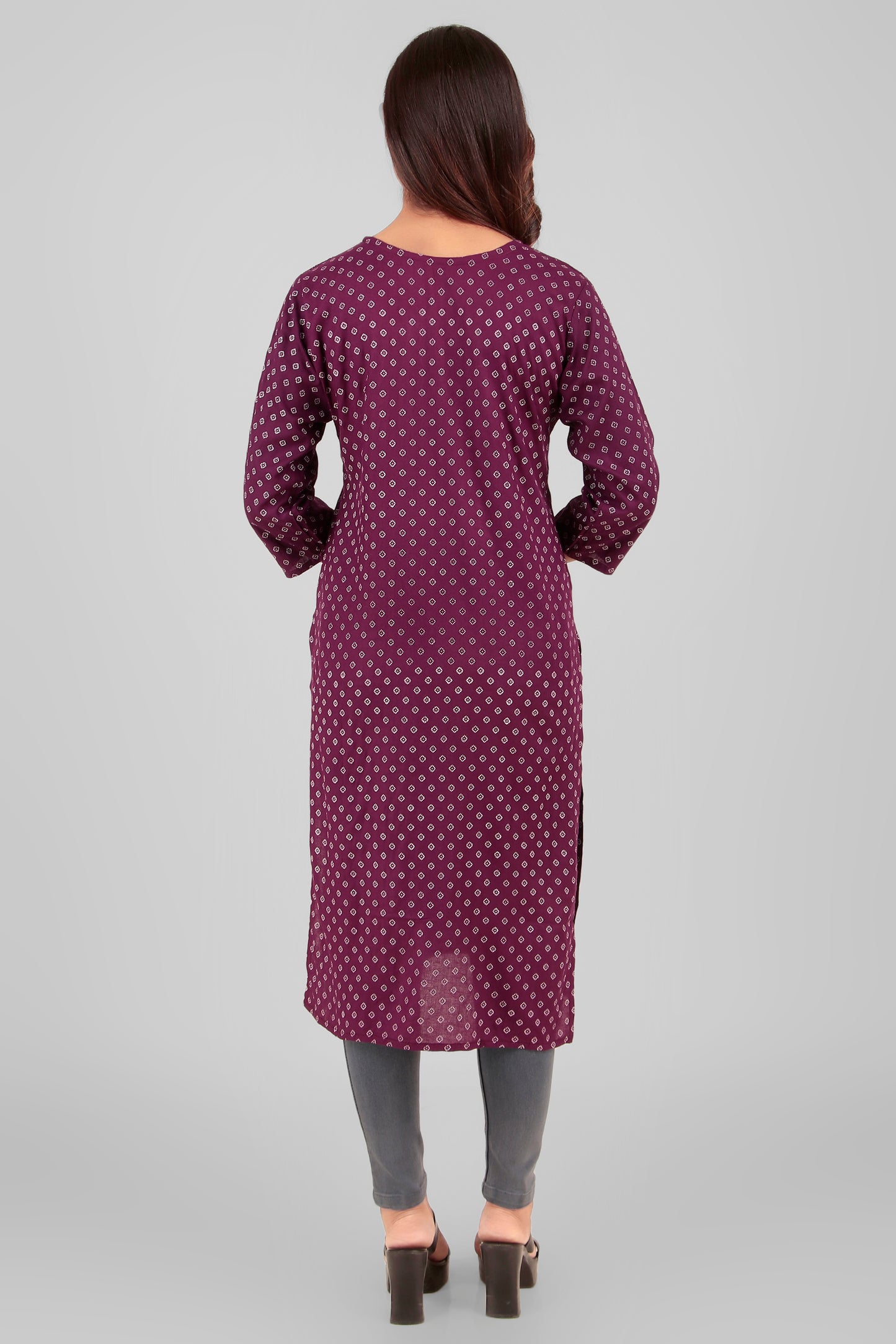 Cotton Kurti with Embroidered Neckline, 3/4 Sleeves - Violet