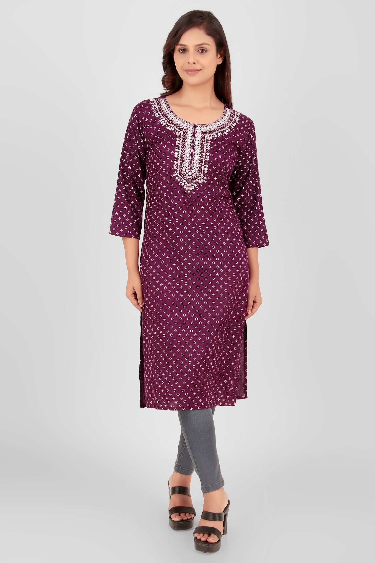Cotton Kurti with Embroidered Neckline, 3/4 Sleeves - Violet