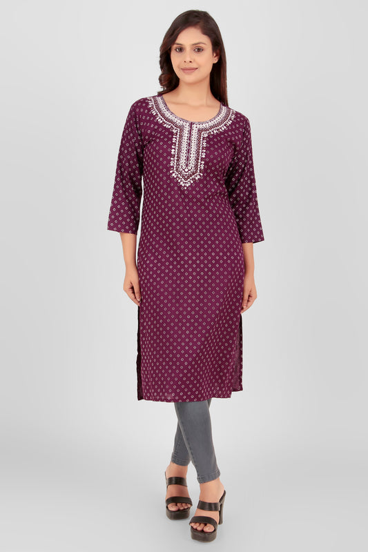 Cotton Kurti with Embroidered Neckline, 3/4 Sleeves - Violet