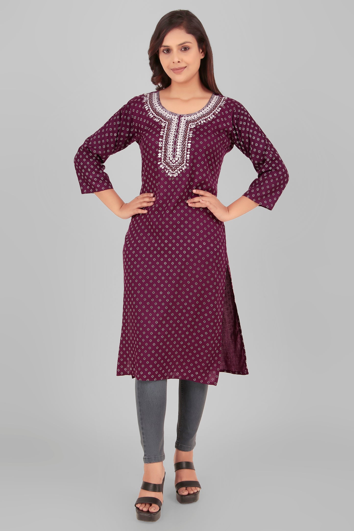 Cotton Kurti with Embroidered Neckline, 3/4 Sleeves