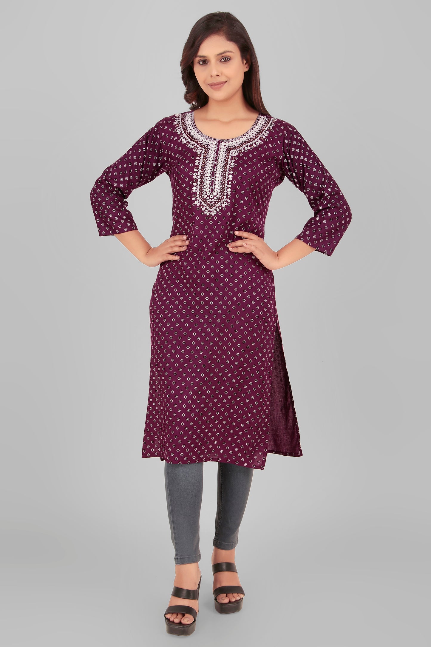 Cotton Kurti with Embroidered Neckline, 3/4 Sleeves - Violet