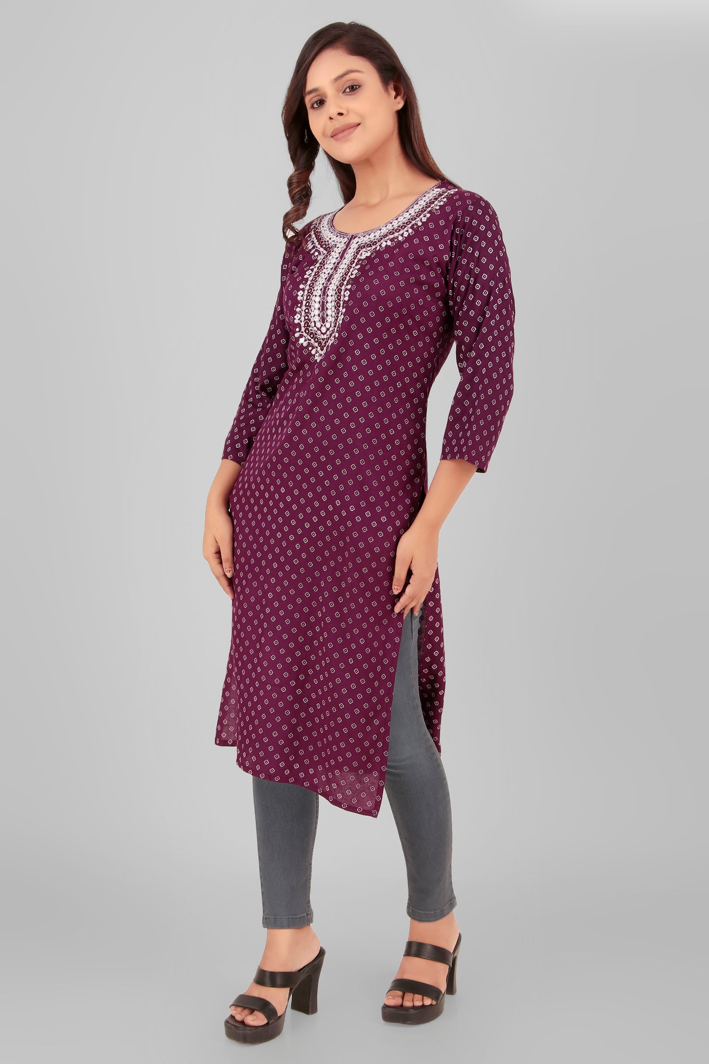 Cotton Kurti with Embroidered Neckline, 3/4 Sleeves - Violet