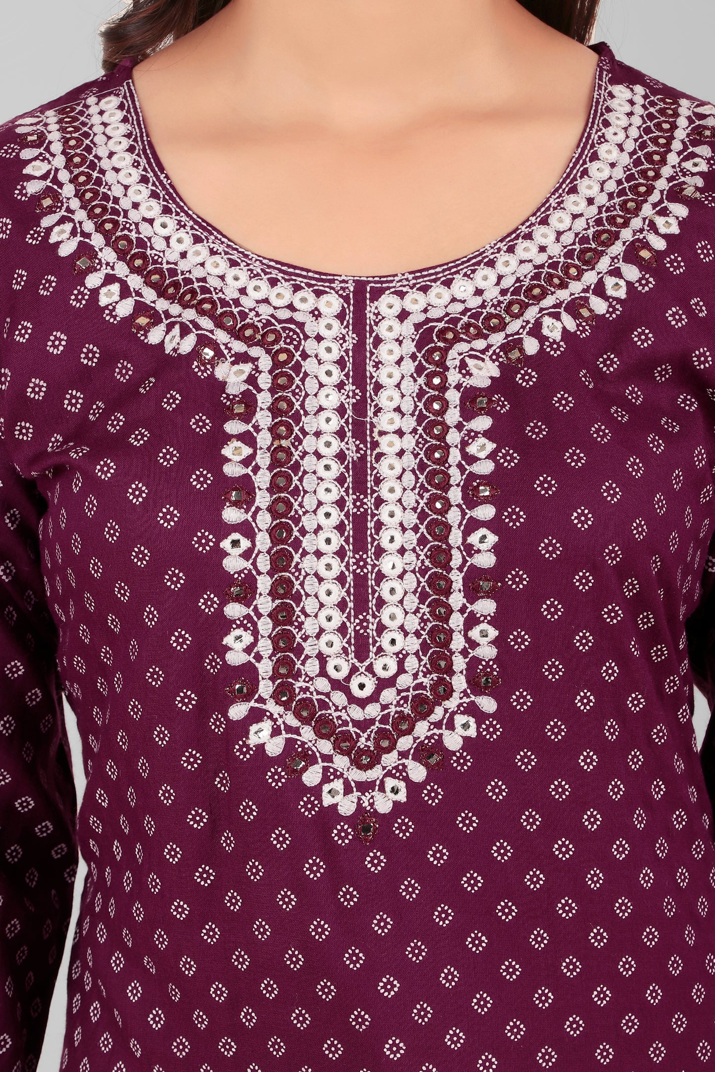 Cotton Kurti with Embroidered Neckline, 3/4 Sleeves - Violet