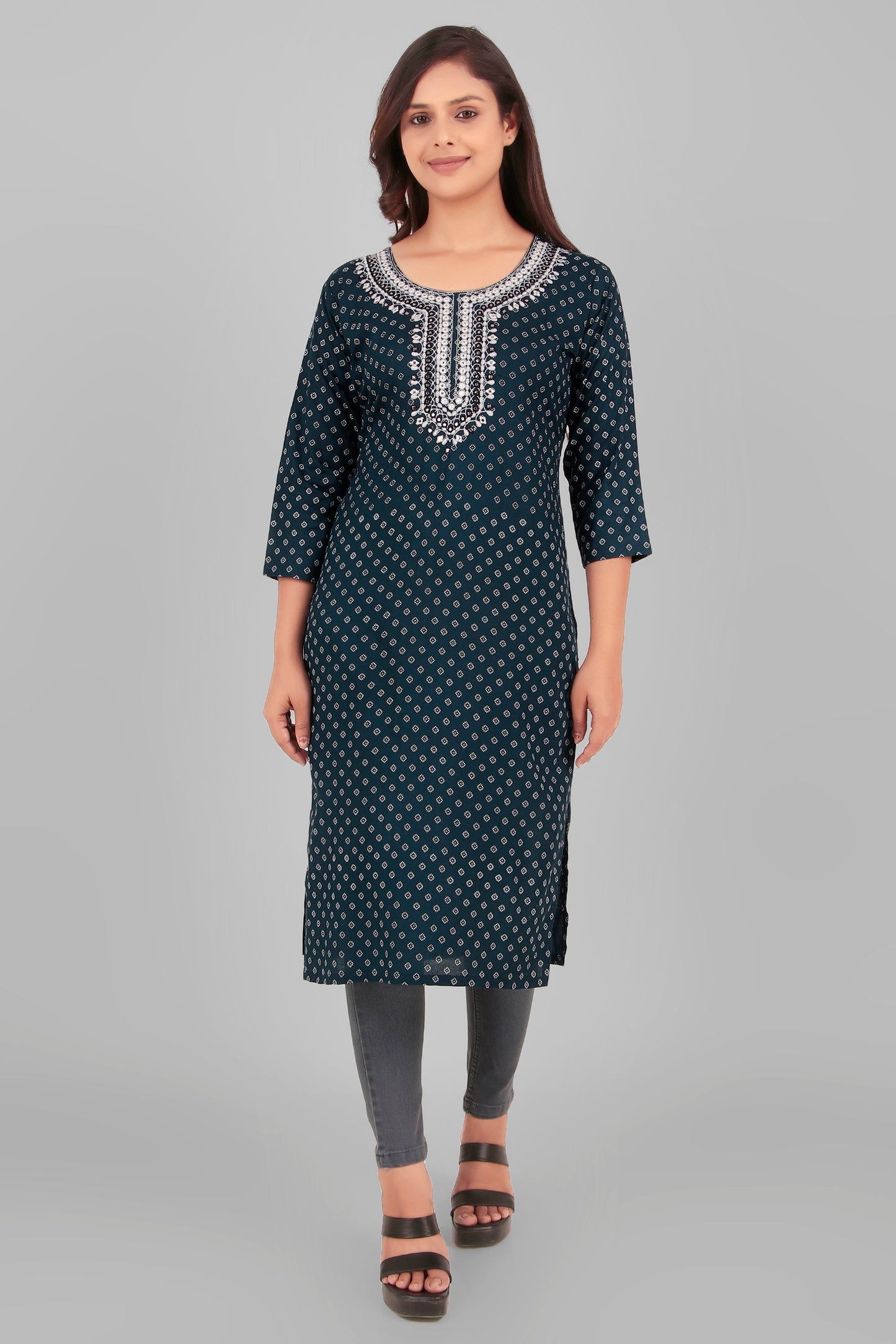 Cotton Kurti with Embroidered Neckline, 3/4 Sleeves