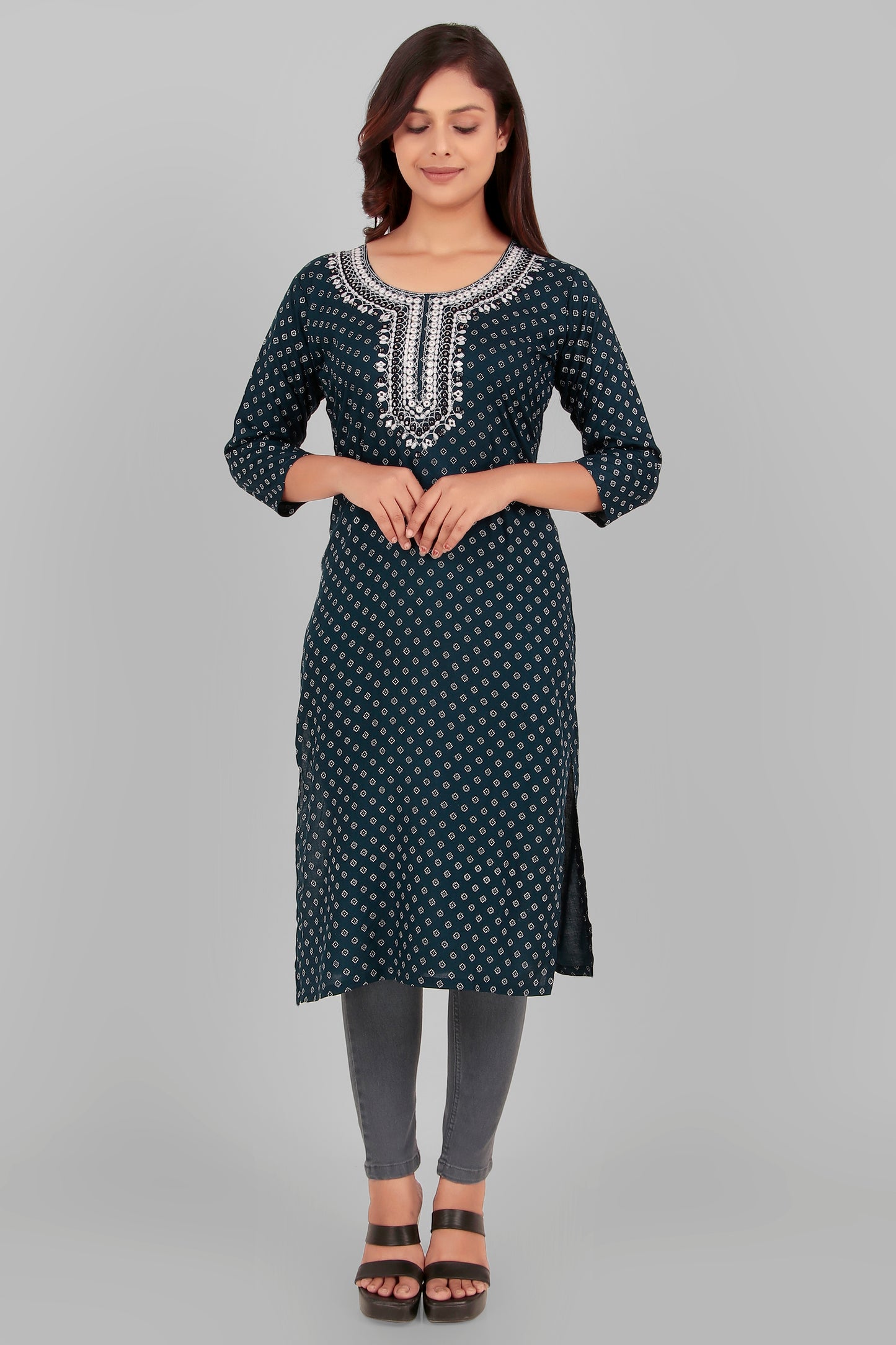 Cotton Kurti with Embroidered Neckline, 3/4 Sleeves