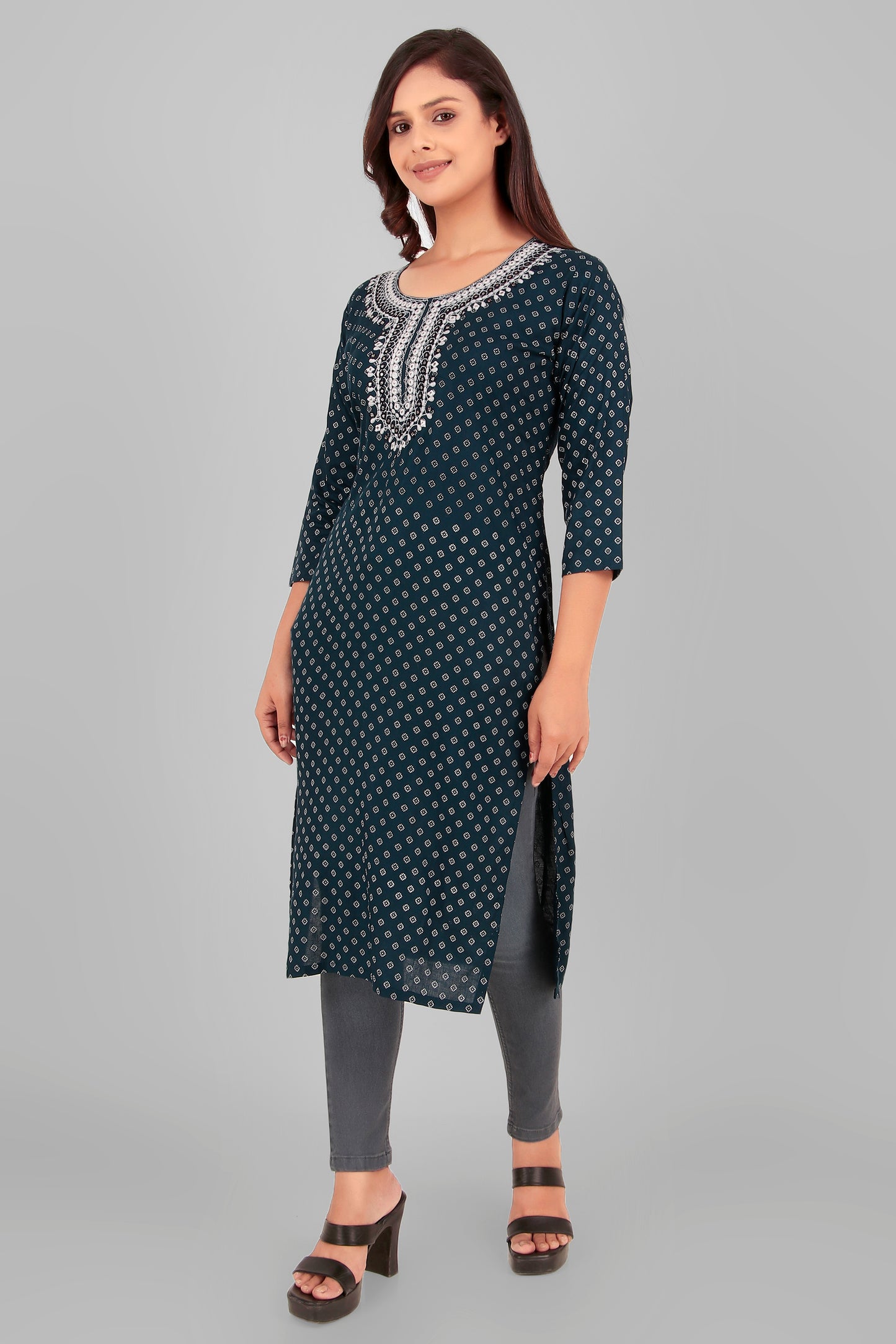 Cotton Kurti with Embroidered Neckline, 3/4 Sleeves