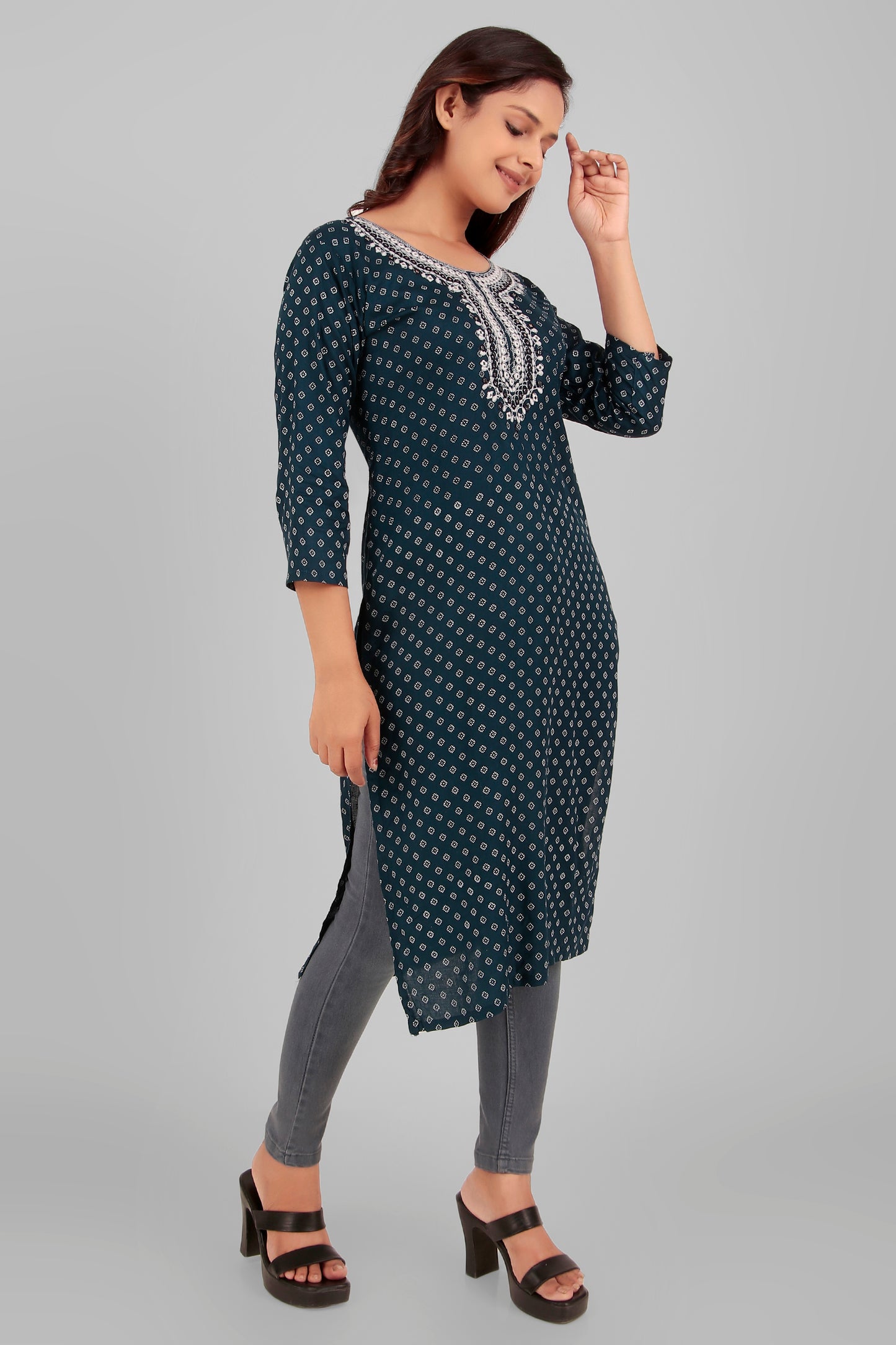 Cotton Kurti with Embroidered Neckline, 3/4 Sleeves